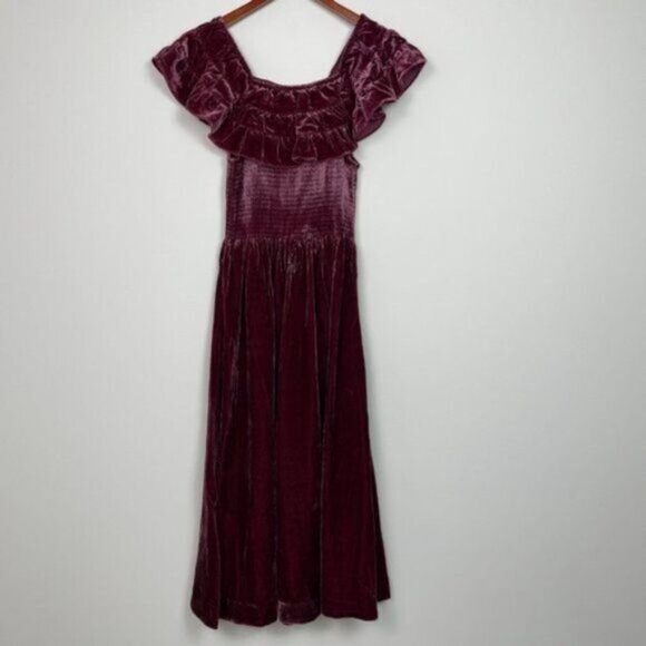 Hill House The Akilah Nap Velvet Silk Midi Ruffle Holiday Dress Burgundy S - Picture 3 of 8